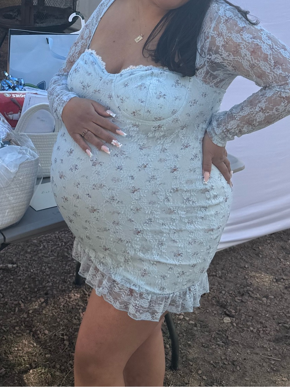 Fashion Nova Light Blue Floral Lace Dress